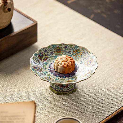 【汝窑高脚盘-五彩缠莲】中式复古精致陶瓷高脚茶点盘家用零食干果盘高足客厅茶几摆台果盘 商品图6