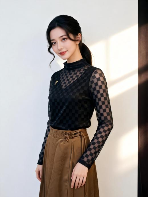 SZ3T51_漆黑色_T 恤_秋冬_棋盘格修身职场通勤_高级女装_BERNIEELEN 伯妮斯茵 商品图1