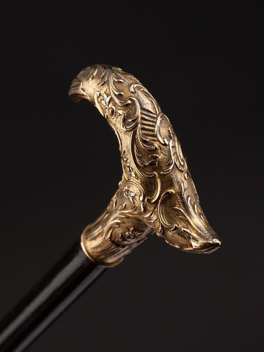 独角鹿西洋古董1900年代法国出品古典花叶主题18K黄金精雕杖柄装饰乌木色硬木杖身古董手杖 商品图5