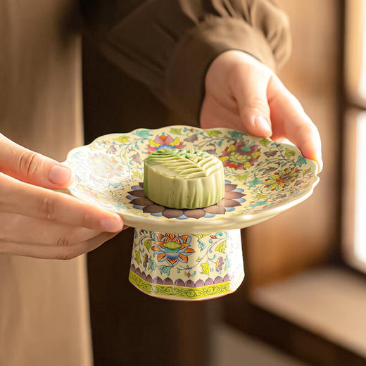【汝窑高脚盘-五彩缠莲】中式复古精致陶瓷高脚茶点盘家用零食干果盘高足客厅茶几摆台果盘 商品图3