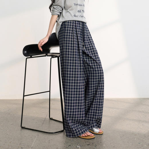 三彩2026春季新款休闲裤格纹长裤宽松高腰显瘦直筒裤垂感M 商品图2