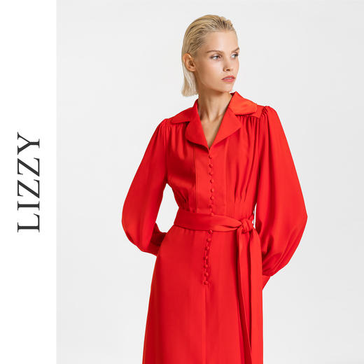 LIZZY 早秋 时尚气质醋酸西装领收腰大摆连衣裙7677 商品图1