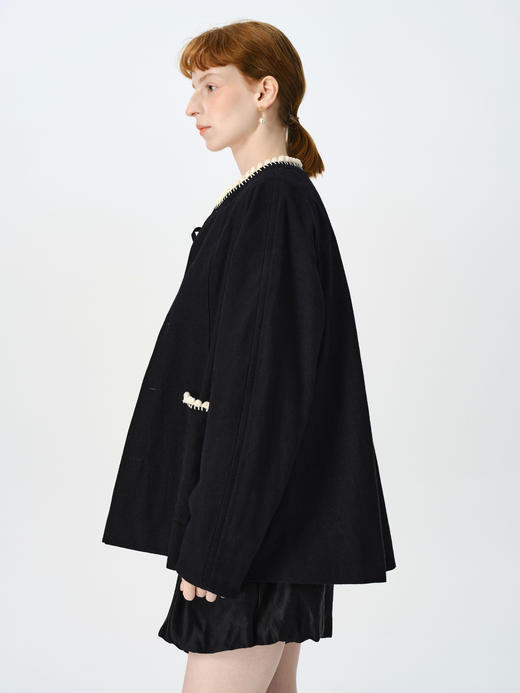 Renlisu 26SS 石墨黑绵羊毛手钩边圆领短外套 商品图2