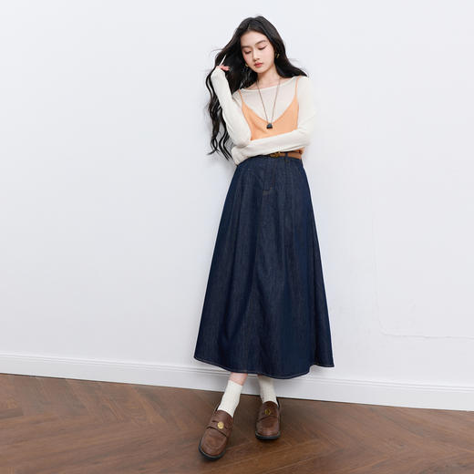 三彩2026春季新款简约复古牛仔裙半身裙高腰A字裙长裙显瘦时尚M 商品图2