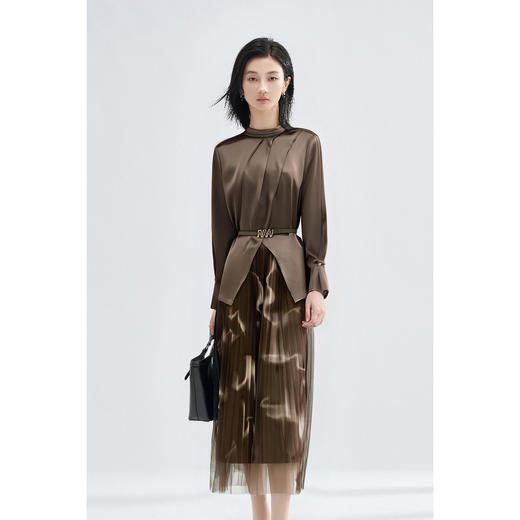 剩xl/XXL 米思阳2025秋季美拉德咖休闲套装 舒适爽滑醋酸衬衫+印花纱裙大摆裙半身裙两件套4435 商品图0