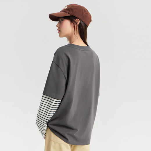 笛莎Deesha  2026年春季新品青少年初高中圆领长袖上衣假两件印花条纹T恤女 商品图4