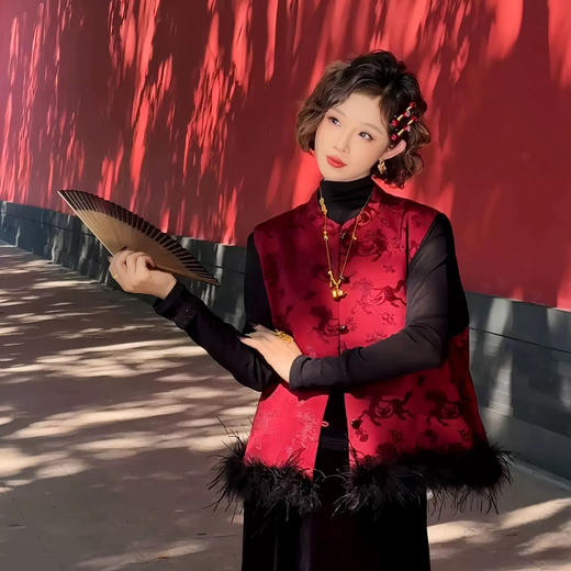 网红爆款新中式国风毛毛马夹夹棉叠穿无袖外套CS 商品图1