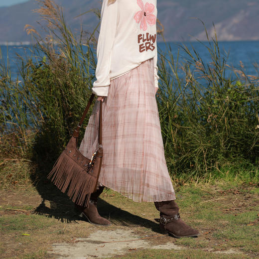 三彩2026春季新款复古格纹半身裙高腰A字裙长裙网纱蓬蓬裙M 商品图3