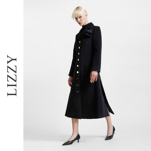 LIZZY 秋冬欧式手工盘花胸针侧开叉撞色扣绵羊毛长款大衣外套6364 商品图1