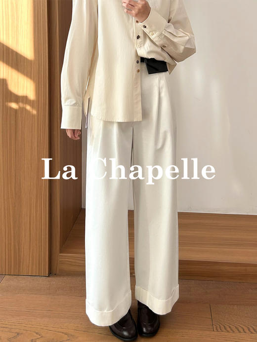 专柜实拍【自带卡包腰带】拉夏贝尔/La Chapelle高腰压褶卷边休闲裤~宽松百搭舒适微弹直筒阔腿裤 商品图0