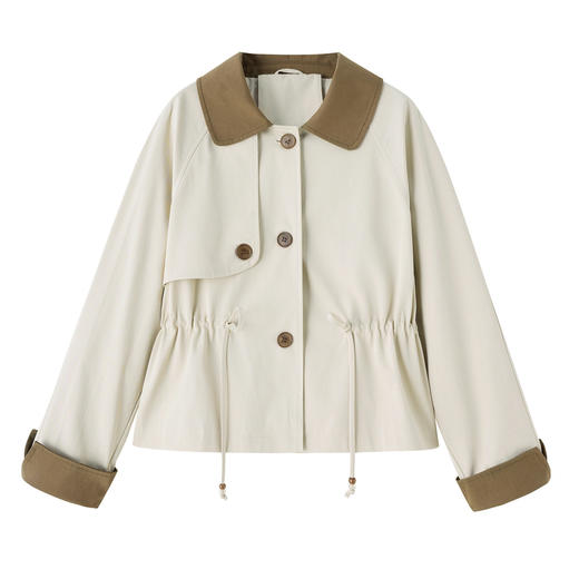 「自」全新升级【铂金会员293/天猫389/差价96】(04221)洛诗琳卡其色拼接翻领短外套2026春季新款减龄时尚百搭短风衣外套 商品图4