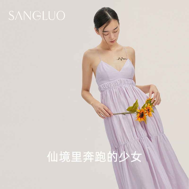 桑罗桑蚕丝丝棉吊带睡裙性感美背柔软蓬松显白外穿度假出片连衣裙