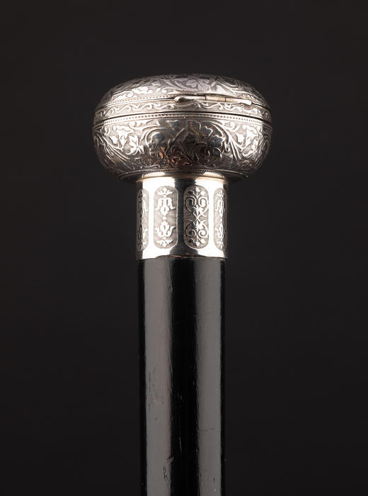 独角鹿西洋古董1880年代瑞士出品花卉卷叶主题纯银精雕外壳机芯装置怀表杖柄装饰乌木色硬木杖身牛角杖脚古董手杖 商品图4