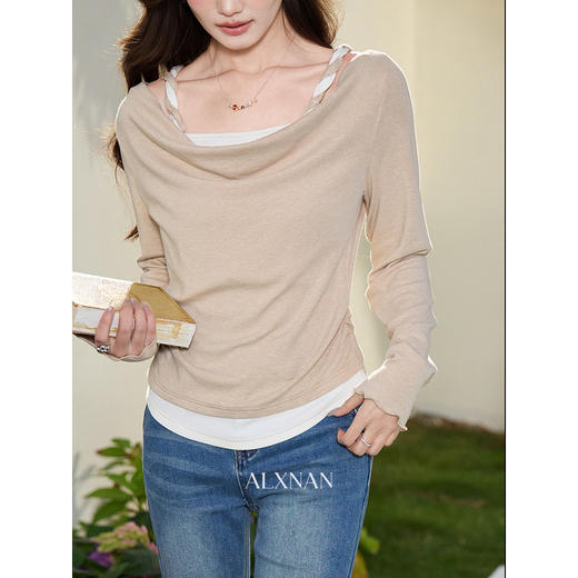 鹿向南「醒春集」不规则燕麦色荡领假两件T恤长袖显瘦女春季上衣 商品图2