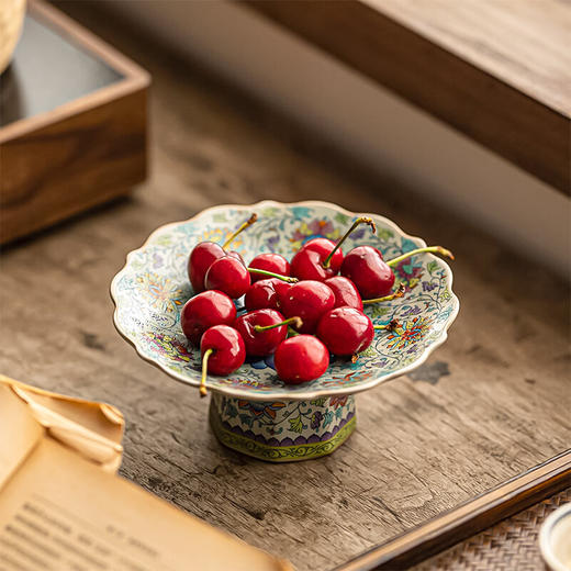 【汝窑高脚盘-五彩缠莲】中式复古精致陶瓷高脚茶点盘家用零食干果盘高足客厅茶几摆台果盘 商品图5