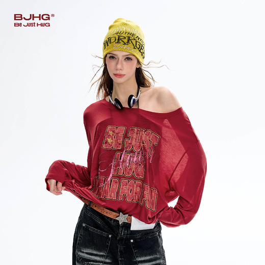 BJHG不计后果 复古印花长袖T恤女夏季冰感莱赛尔极薄宽松百搭罩衫 商品图3