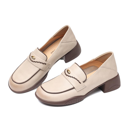 英伦风真皮乐福鞋女粗跟一脚蹬套脚圆头单鞋舒适X6C150-36 商品图3