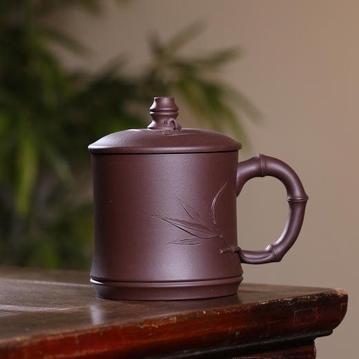 宜兴紫砂杯 宁静致远/竹节杯 原矿紫泥  440cc 手工大容量 家用办公泡茶盖杯 泡茶杯百搭 商品图0