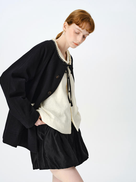 Renlisu 26SS 石墨黑绵羊毛手钩边圆领短外套 商品图1