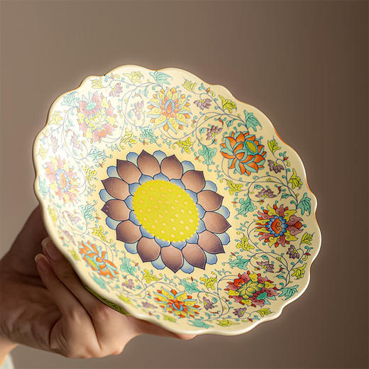 【汝窑高脚盘-五彩缠莲】中式复古精致陶瓷高脚茶点盘家用零食干果盘高足客厅茶几摆台果盘 商品图4