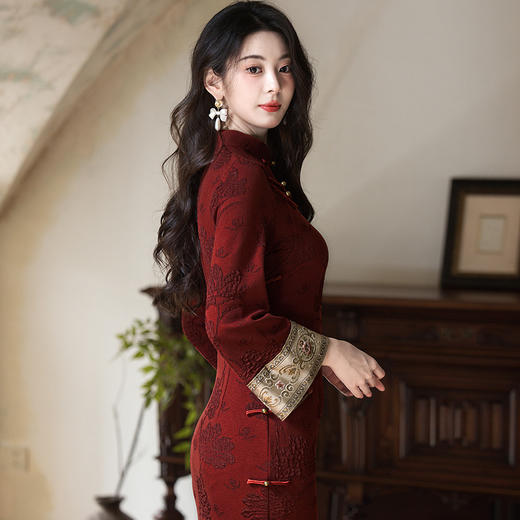 新中式酒红色复古倒大袖旗袍弹力珠光棉订婚礼服敬酒服旗袍JLM6220 商品图2