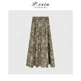 04-1潘依绣丁丁宠粉复古摩登印花松紧腰带口袋半身裙 Q9067