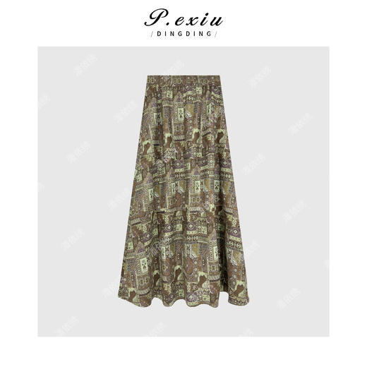 04-1潘依绣丁丁宠粉复古摩登印花松紧腰带口袋半身裙 Q9067 商品图0