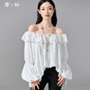 剩S/L/XL 芳外 时尚设计感纯色T恤一字露肩泡泡袖弹力上衣0109 商品缩略图1