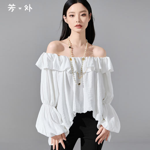 剩S/L/XL 芳外 时尚设计感纯色T恤一字露肩泡泡袖弹力上衣0109 商品图1