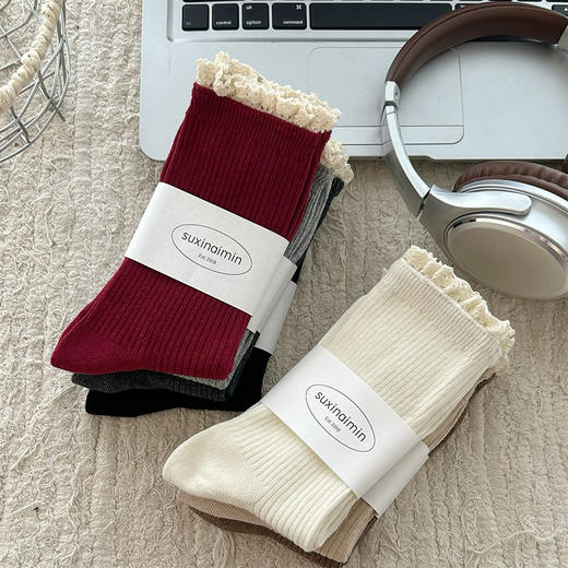 【甄选精梳棉❗️日系花边中筒袜】复古安可拉红袜子纯色中筒堆堆袜子女甜美蕾丝花边雷格系穿搭袜子。jc 商品图3