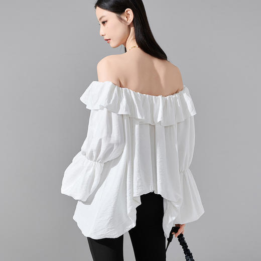 剩S/L/XL 芳外 时尚设计感纯色T恤一字露肩泡泡袖弹力上衣0109 商品图3