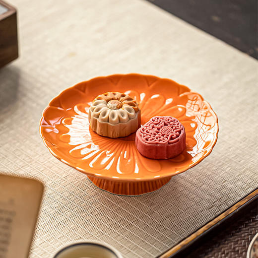 【菊瓣高脚盘】中式复古陶瓷茶点盘高脚水果盘创意零食糕点盘家用茶几干果盘摆台 商品图2