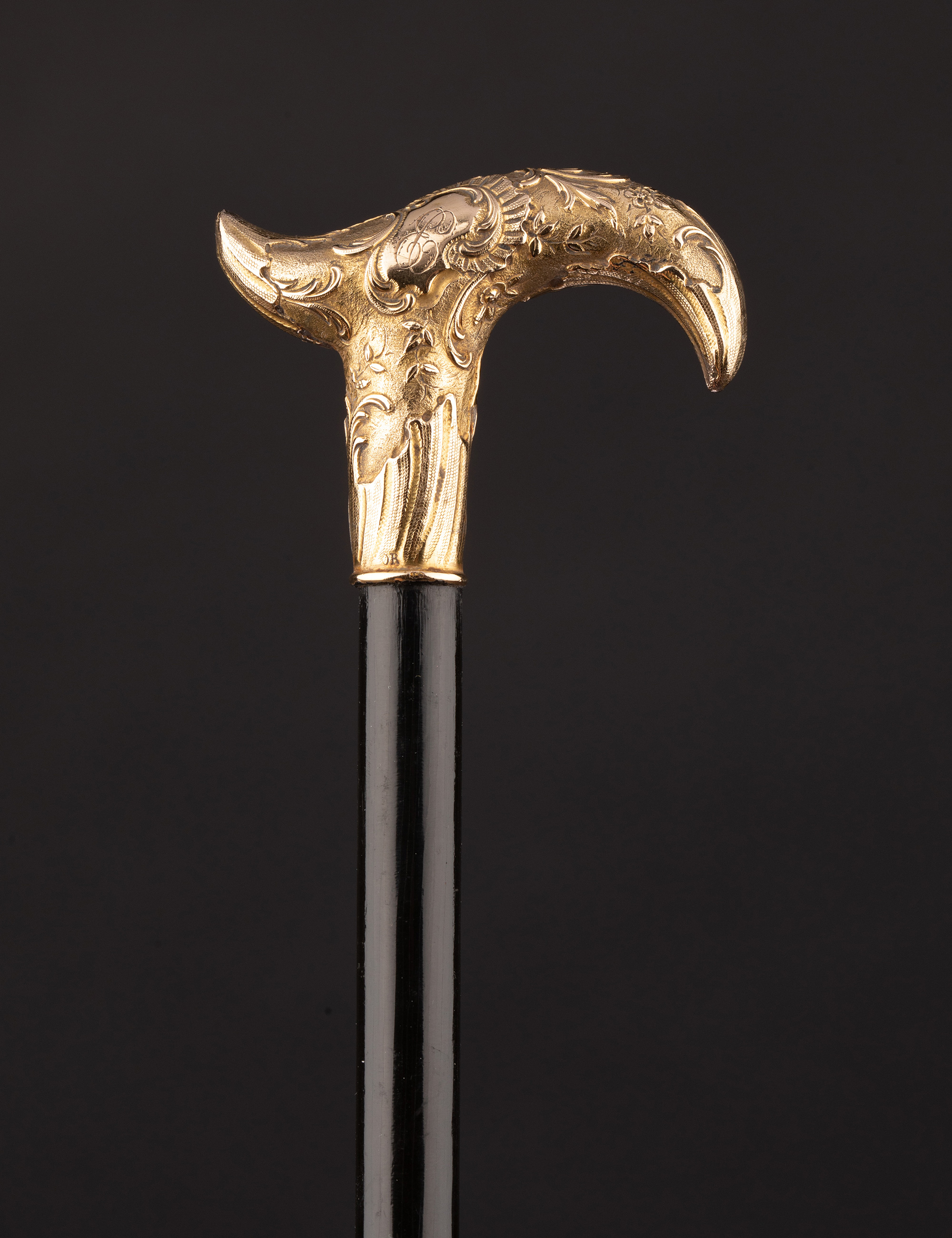 独角鹿西洋古董1900年代法国出品古典花叶主题18K黄金精雕杖柄装饰乌木色硬木杖身古董手杖