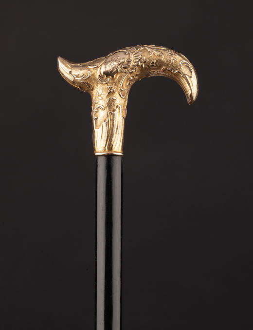 独角鹿西洋古董1900年代法国出品古典花叶主题18K黄金精雕杖柄装饰乌木色硬木杖身古董手杖 商品图0