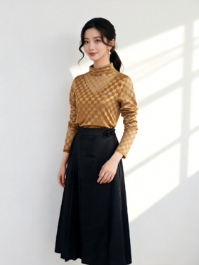 SZ3T51_檀褐色_T 恤_秋冬_棋盘格修身职场通勤_高级女装_BERNIEELEN 伯妮斯茵