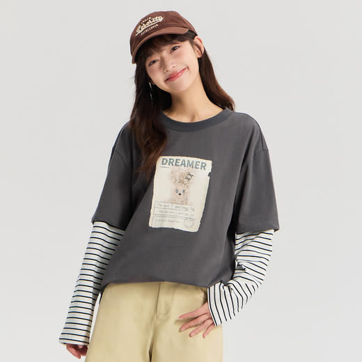 笛莎Deesha  2026年春季新品青少年初高中圆领长袖上衣假两件印花条纹T恤女 商品图1