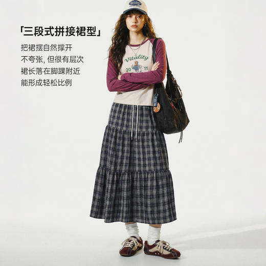 马登蓝绿色复古松紧a字蛋糕裙日系百褶拼接格子纹半身长裙女士春 商品图2