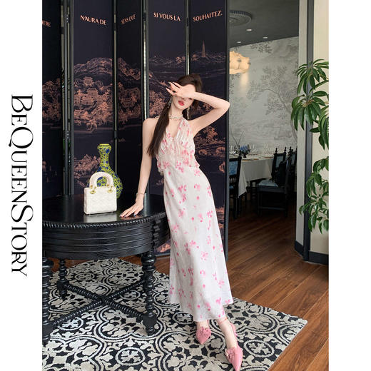 【大货捡漏，不退不换】  【苏梅岛夏日】时尚高定雪纺印花V领挂脖收腰连衣裙女 商品图0