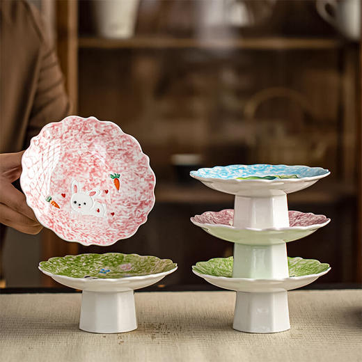 【釉画彩高脚盘】陶瓷中式复古高脚点心盘家用零食糖果干果盘高颜值茶点水果托盘 商品图6