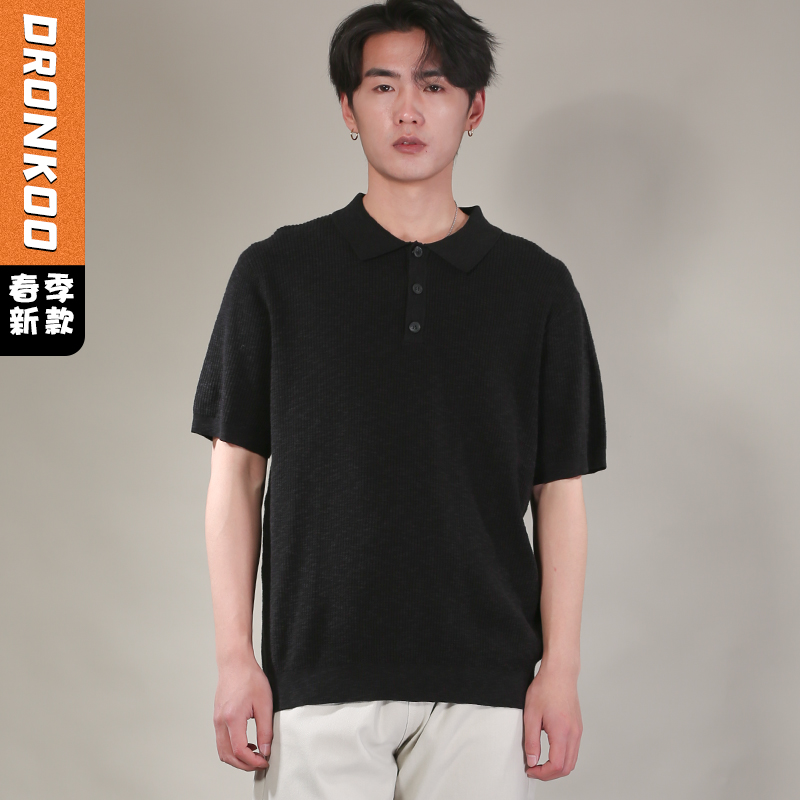 DRONKOO 2026 翻领三粒扣华夫格肌理花纱短袖薄毛衣