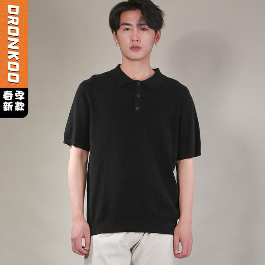 DRONKOO 2026 翻领三粒扣华夫格肌理花纱短袖薄毛衣 商品图0