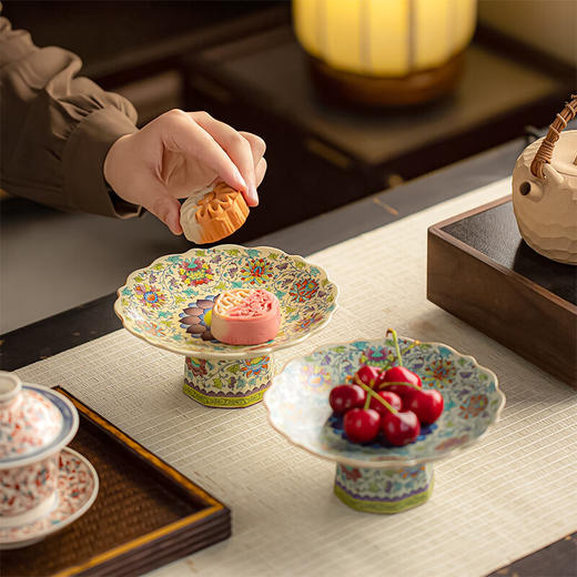 【汝窑高脚盘-五彩缠莲】中式复古精致陶瓷高脚茶点盘家用零食干果盘高足客厅茶几摆台果盘 商品图2