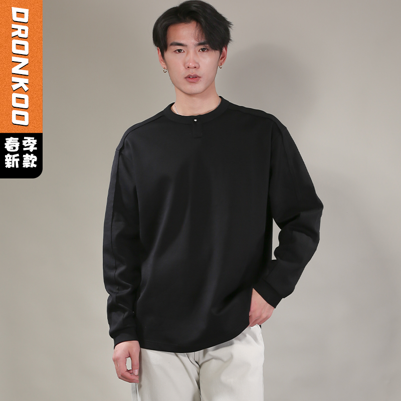DRONKOO 2026 圆领领口金属钉扣下摆开衩钉扣长袖中厚T恤