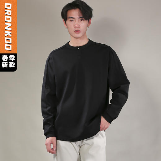 DRONKOO 2026 圆领领口金属钉扣下摆开衩钉扣长袖中厚T恤 商品图0