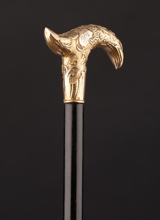 独角鹿西洋古董1900年代法国出品古典花叶主题18K黄金精雕杖柄装饰乌木色硬木杖身古董手杖 商品图2