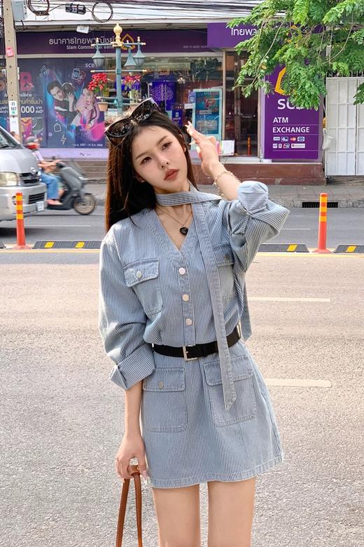 LNNNS 复古文艺条纹休闲牛仔连衣裙 22225 商品图4