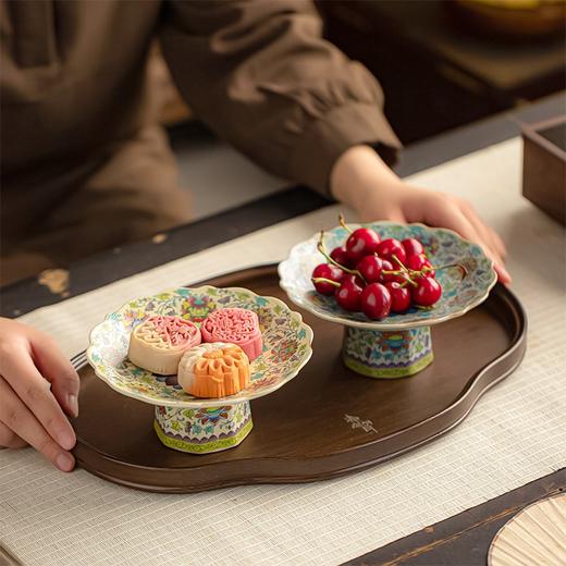 【汝窑高脚盘-五彩缠莲】中式复古精致陶瓷高脚茶点盘家用零食干果盘高足客厅茶几摆台果盘 商品图1