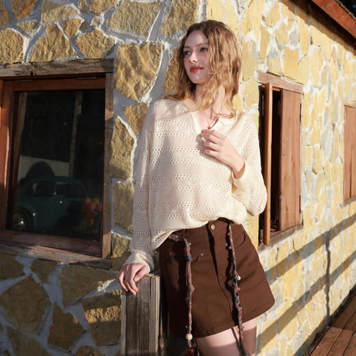 三彩2026春季新款宽松落肩袖镂空肌理感毛衣V领套头毛衫罩衫M 商品图2