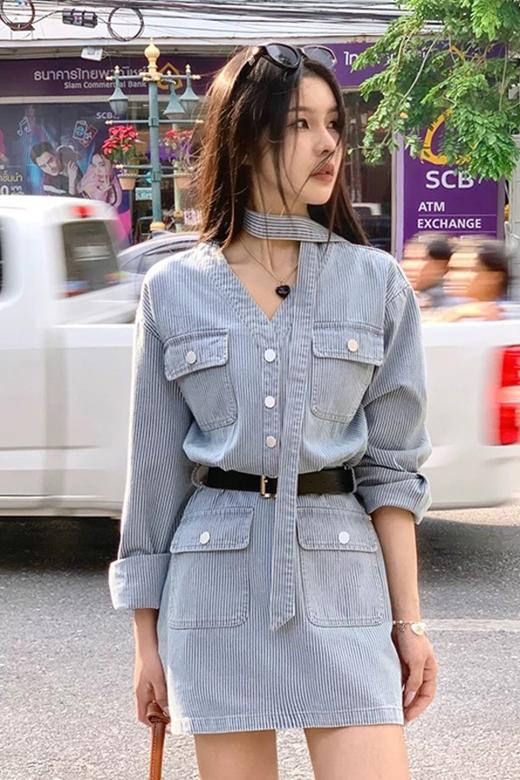 LNNNS 复古文艺条纹休闲牛仔连衣裙 22225 商品图0