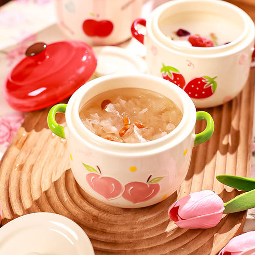 【手绘果趣双盖炖盅】蒸蛋羹燕窝专用陶瓷双盖炖盅隔水炖家用一人份婴儿小汤盅瓦罐 商品图1